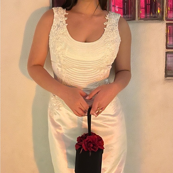 Mon Cheri Dresses & Skirts - Mon Cheri vintage white satin bridal gown maxi with pearl embellishments